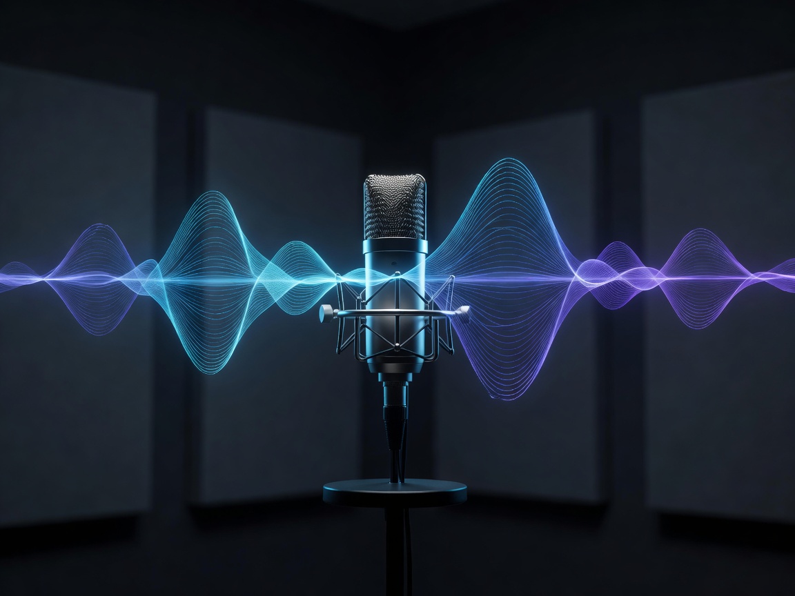 Studio microphone and audio wave visualization representing ElevenLabs
